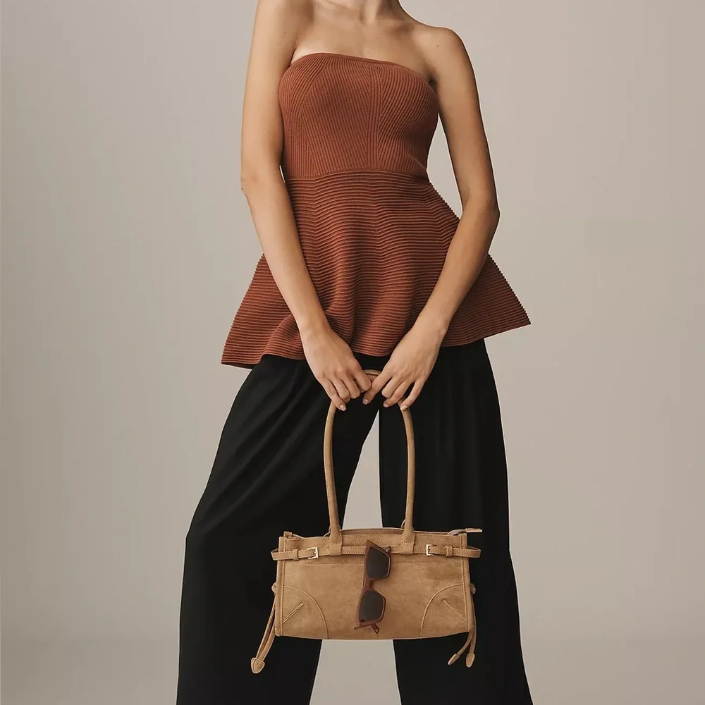 Maeve Anthropologie Brown Strapless Peplum Knit Tube Top - Picture 2 of 5